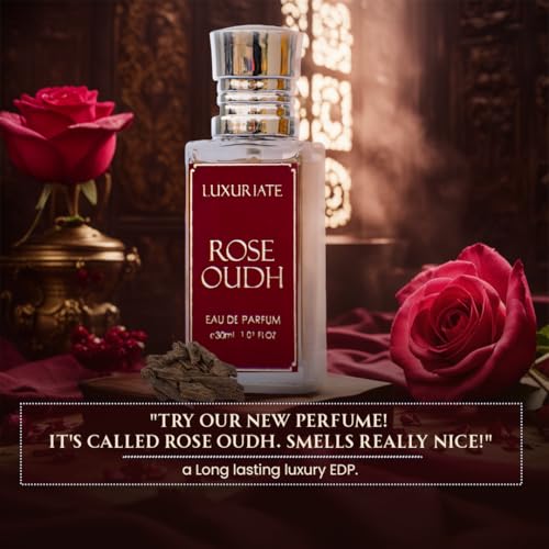 Image of LUXURIATE Fragrance Gift Set Box 4PC - Rose Oudh Perfume, Cinnamon Pillar Candle, Rose Bambooless Incense, Red Wine Lip Balm | Gift for Diwali| Gift for Women | Gift