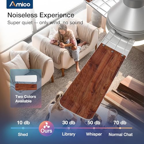 Image of Amico Ceiling Fans with Lights, 52 inch Low Profile Ceiling Fan with Light and Remote Control, Flush Mount, Reversible, 3CCT, Dimmable, Noiseless, Silver Ceiling Fan for Bedroom, Indoor /Outdoor Use