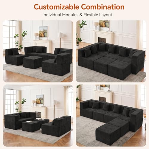 Image of MONVANE 130'' Modular Sectional Cloud Couch for Living Room, 6 Seater Convertible Chenille Couches Set with Ottoman & Pillow, No Assembly Compression Sofas, Comfy Floor Sofa with Memory Foam, Black
