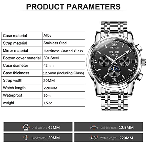 OLEVS Luxury Automatic Watch No Battery Men Mechanical Waterproof Stainless Steel Wrist Watch Tourbillon Skeleton Self Winding Wristwatch Adjustable Bracelet(No Battery Required)