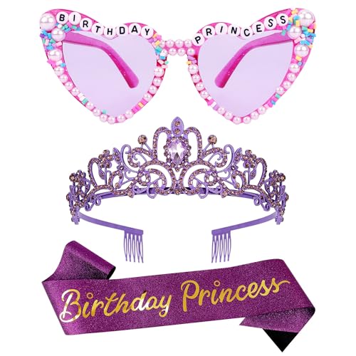 VELSCRUN Purple Birthday Princess Glasses, Birthday Princess Sash Tiara Crown for Women Girls, 3 Pcs Elegant Tiaras Crowns Hair Accessories Happy Birth Party Decorations Girls Gifts