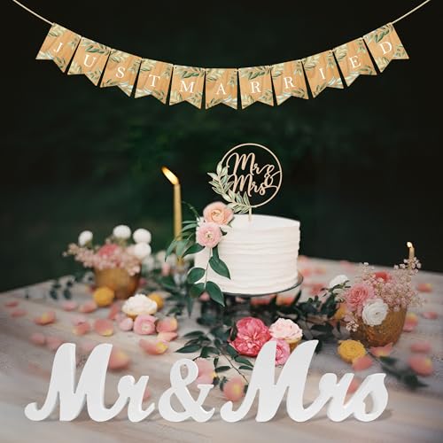 Party to Be Mr & Mrs Cake Topper & Just Married Banner & Mr Mrs Table Sign Green Wedding Decorations in Wood