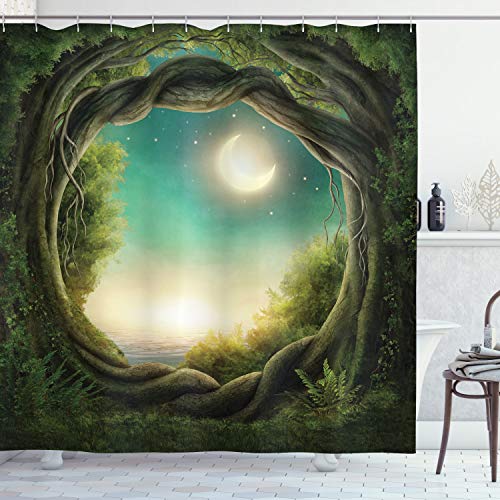 Ambesonne Forest Shower Curtain, Curly Branches Trees in Enchanted Forest Full Moon in Night Sky Illustration, Cloth Fabric Bathroom Decor Set with Hooks, 69
