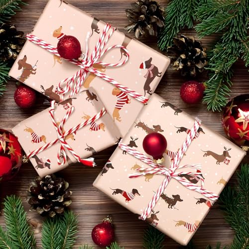 MEJOSER 4 Blatt 50x70cm Dackel Geschenkpapier Weihnachten Dackel Geschenke für Hundebesitzer Weihnachtsgeschenke Geschenkverpackung Kinder Hundeliebhaber Weihnachtsgeschenkpapier