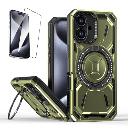 CAVAJP iPhone 16 Case and 9H強化フィルムiPhone 16 pro シリーズ カメラカバー、スライドレンズカバーと360°フィンガーリング安定したキックスタンドケースと頑丈な保護 iPhone 11/12/13/14/iPhon