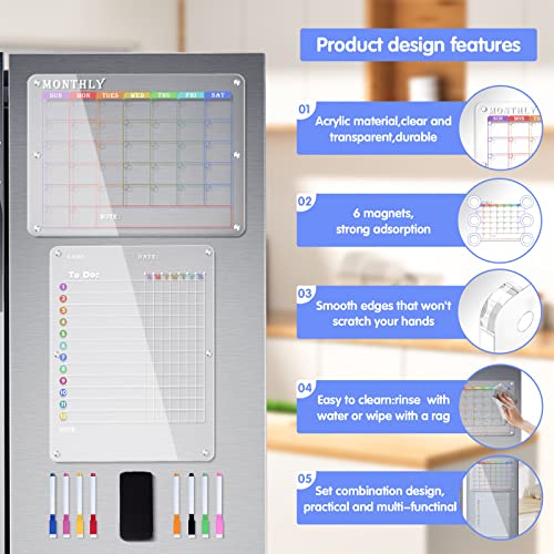 Acrylic Calendar For Fridge,Monthly & Weekly Magnetic Fridge Calendar 16"X12" Clear 2 Set Calendar For Refrigerator Reusable Planner, Includes 8 Colors Magnetic Dry Erase Board Markers With Eraser #TOP1