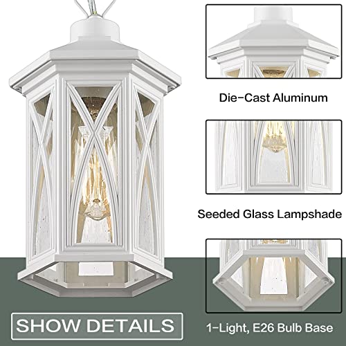 Hopejoy Outdoor Pendant Light Fixture, 11.3" H Outdoor Pendant Lights For Porch, White Exterior Hanging Lantern Porch Light With Clear Seeded Glass For Patio Entryway Doorway(Sand White) #TOP1