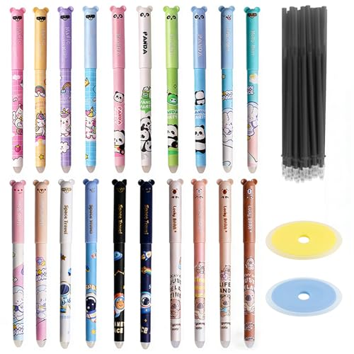 Prmape 20 Gelstifte Radierbar Set, Tier Stifte Kugelschreiber 0,5 mm, mit 20 Ersatzminen + 2 Radiergummis, Radierstift Schwarz Blau Kawaii Schreibwaren für Schule Büro Geschenk
