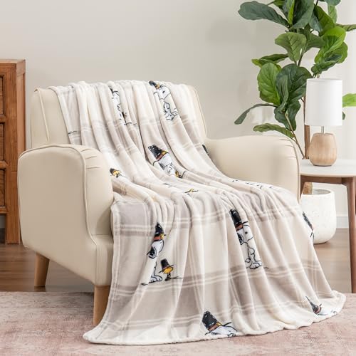 Image of Berkshire Blanket Peanuts VelvetLoft Cute Character Snoopy Plush Throw Blanket,Lakeside Plaid Harvest Snoopy and Woodstock Grey,Throw 55 in x 70 in (Official Peanuts Product)