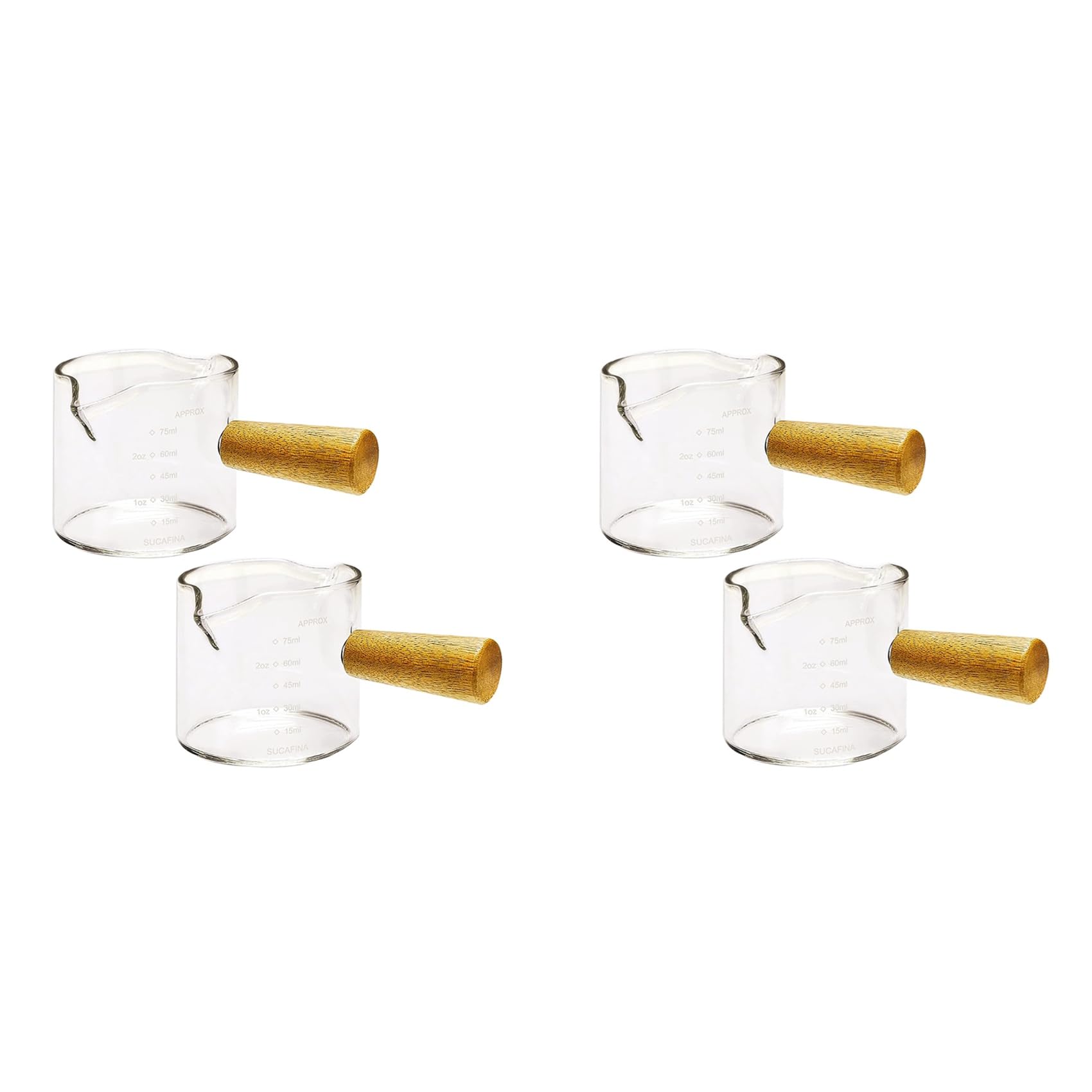 Hndhbfgrt 4Pcs Double Spouts Espresso Shot Glasses Measuring Glass Espresso Cups Cookware with Wood Handle for Milk Coffee, 75 Ml
