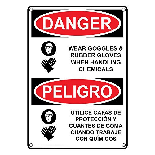Weatherproof Plastic Vertical OSHA Danger Wear Goggles & Rubber Gloves Bilingual Sign with