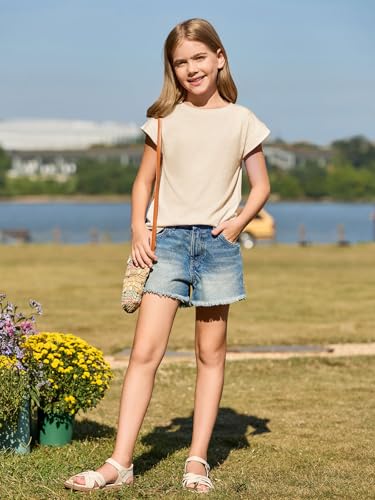 Image of Haloumoning Girls Cap Sleeve T Shirts Kids Summer Crewneck Solid Tops Tees 5-14 Years