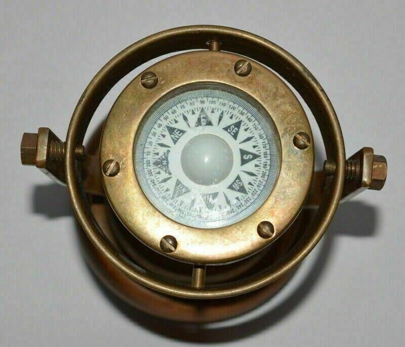 Brújula náutica vintage de latón antiguo con cardán y binnacle para barco miniatura 2
