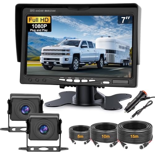 Kairiyard Double Caméra de Recul avec écran Moniteur LCD 7 Pouces & 2 Caméra Avant et Arrière, IP68 étanche, 5m/10m/15m Câble Aviation pour...