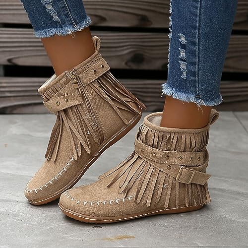 Women's Western Cowboy Boots, Fringe Faux Suede Boots Retro Round Toe Fringe Buckle Strap Ankle Boot Low Heel Rome Flat Shoes Tassel Knight Booties Shoes2