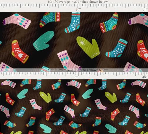 Image of Soimoi Brown Cotton Canvas Fabric Socks & Gloves Folk Art Print Fabric by the Meter 56 Inch Wide