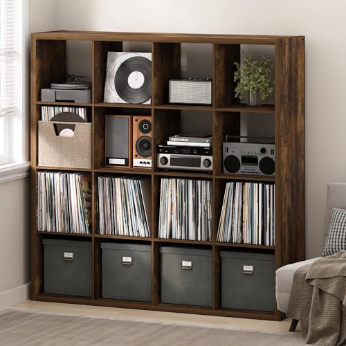 Image of Furinno Cubicle Record Player Stand, 16-Cube Record Storage, Amber Pine | Vinyl Storage, 1.2 inchInch Extra Thick, Open Back Media Shelf for CD DVD Bluray Game Disc, for Living Room, Home Office