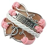 Ac Union Handmade Adjustable Leather Bracelet, with Infinity Love Sister Heart Metal Charm Friendship Gift for Women
