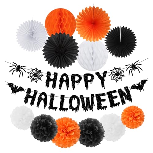 Image of Orange Black Happy-Halloween Party Decorations - 13PCS Spider Web Bats Streamers Banner ,Paper Flowers Lanterns Tissue Pom Poms Fans, Classroom Birthday Bachelorette Hanging Supplies Decor Hugfond