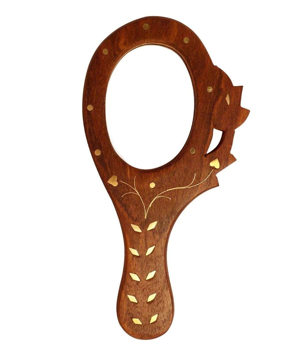 ISKASheesham Wooden Small Hand Mirror Makeup Mirror Brown