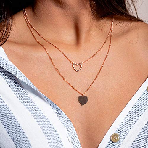 Colar duplo com pingente de coração liso e vazado folheado em ouro rosé