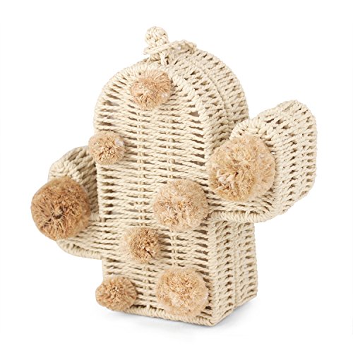NIBD Beach Bag Cactus Straw Bag Summer Bags with Pom Pom Women Messenger Handbag Braided New Rattan Bag, Beige, 7.5