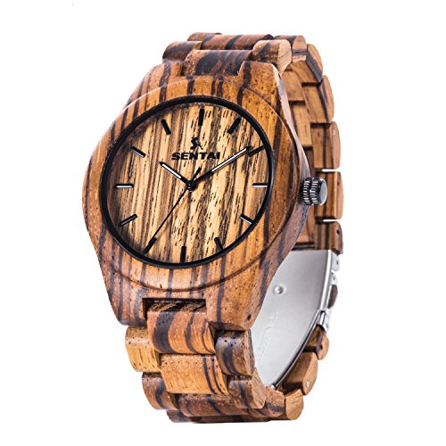 Reloj de Madera para Hombre Sentai Reloj de Pulsera de Cebra de Madera Reloj de Cuarzo Vintage Hecho a Mano con una Esfera Grande índices Luminosos Correa Ajustable Cebra marrón