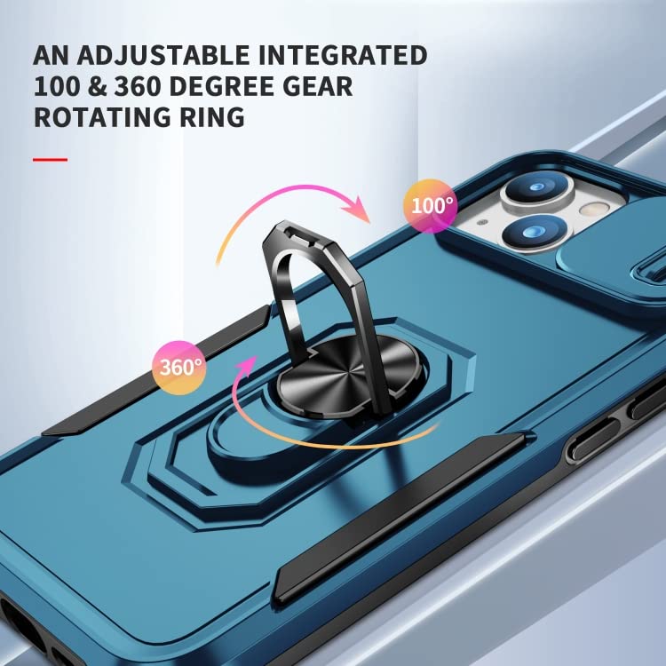 Image of Polycarbonate Back Cover Case Compatible for Apple iPhone 15 Plus with Slide Camera Cover & Rotated Ring Stand | Military Grade Mobile Phone Cover Case for Apple iPhone 15 Plus (Blue)