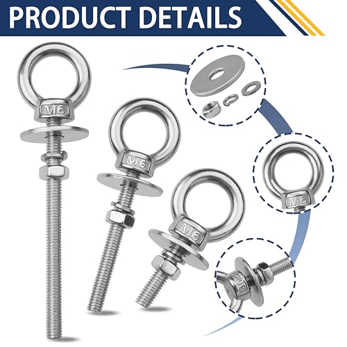 Image of 12 Pack M6 Stainless Steel Eye Bolts with Nuts, 1 /4 inch x 2 inch Eye Bolts | 304 Stainless Steel Eye Bolt,Eye Bolts Heavy Duty for Hang Tie Down Outdoor,m6 eye bolt,Long Lifting Ring Eye Bolt
