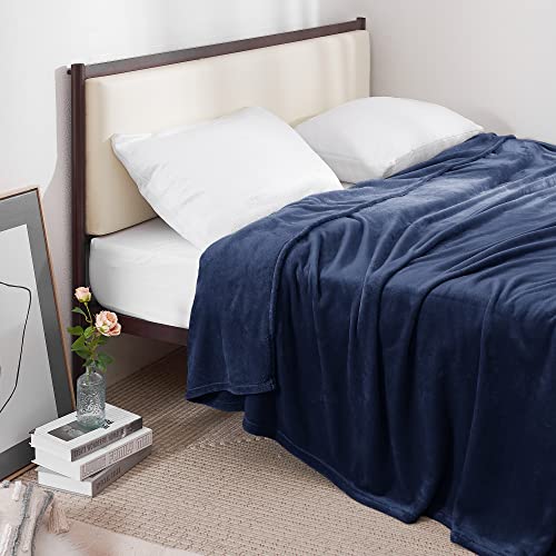RYB HOME Soft Blanket Queen Size Flannel Warm Cozy Luxury Plush Lightweight Throws for Home Living Room Bedroom, Navy Blue, W90 x L90 inch