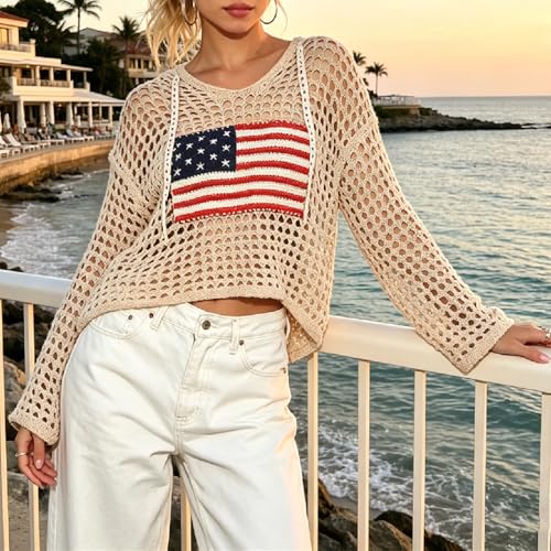 Image of Women's American Flag Crochet Sweater Long Sleeve Hollow Out Lightweight Knit Hoodie 2026 Summer Beach Cover Up Tops