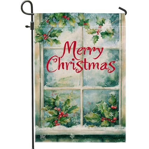 Bandera de jardín de acebo, ventana de bayas festivas de Navidad, arpillera verde, doble cara, bandera de jardín pequeña para patio al aire libre, césped, porche delantero, balcón, 12 x 18 pulgadas