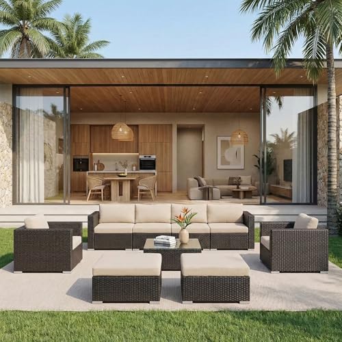 Image of OUTLIVING 6-Piece Patio Furniture Set Outdoor | 8 Seater Manual Weaving HDPE Wicker Sectional Sofa with Ottomans, Center Table & Cushions Couch Set | Ideal for Porch, Lawn, Garden (Dark Brown & Cream)