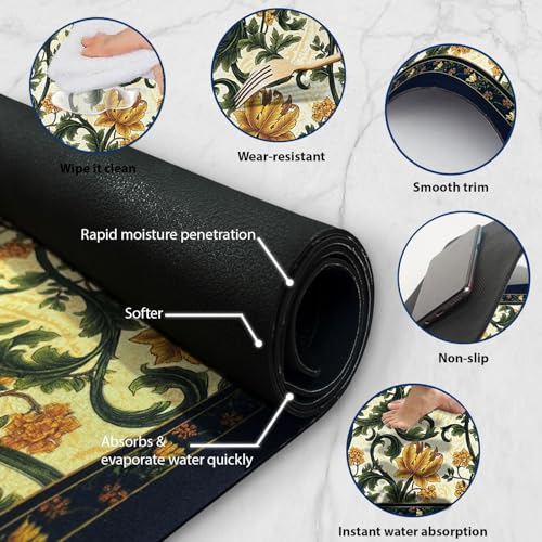 Image of Luxe Home Kitchen Mat Combo Floral Design Standing Desk Floor Mat Non Slip Kitchen Rugs, Comfort Runner Floor for Home Office, Sink & Laundry - Yellow (116x36 & 58x36 cm PC-2)