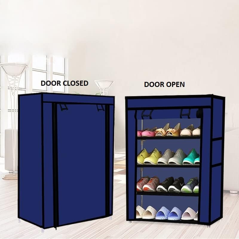 Image of EASY BUY 4 Shelves Shoe Rack Plastic Blue with Zip Door Cover & Side Pockets, Multiuse Storage Rack for Footwear, Toys, Clothes with Dustproof Cover 4 Shelves