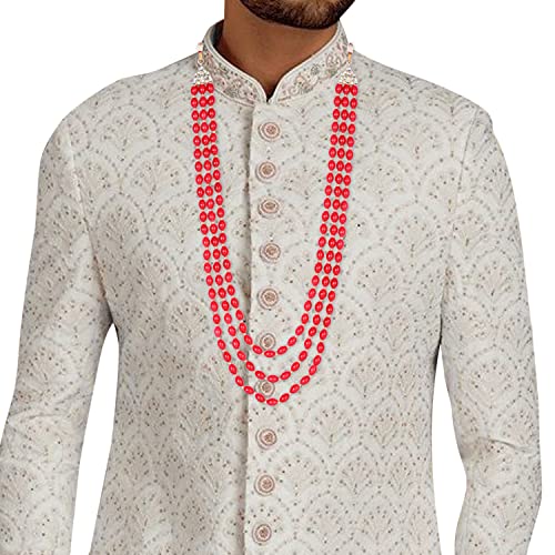 Image of I Jewels 3 Layered Traditional Gold Plated Dulha Green Moti Mala with Beaded Maharaja Haar /Groom Necklace For Men(MLP46)