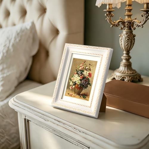 Image of eletecpro 4x6 Picture Frames Set of 2, Vintage Frames with Glass Cover, Retro Ornate Photo Frame Displays 3.5x5 Photo with Mat or 4x6 without Mat for Tabletop or Wall Decor, White