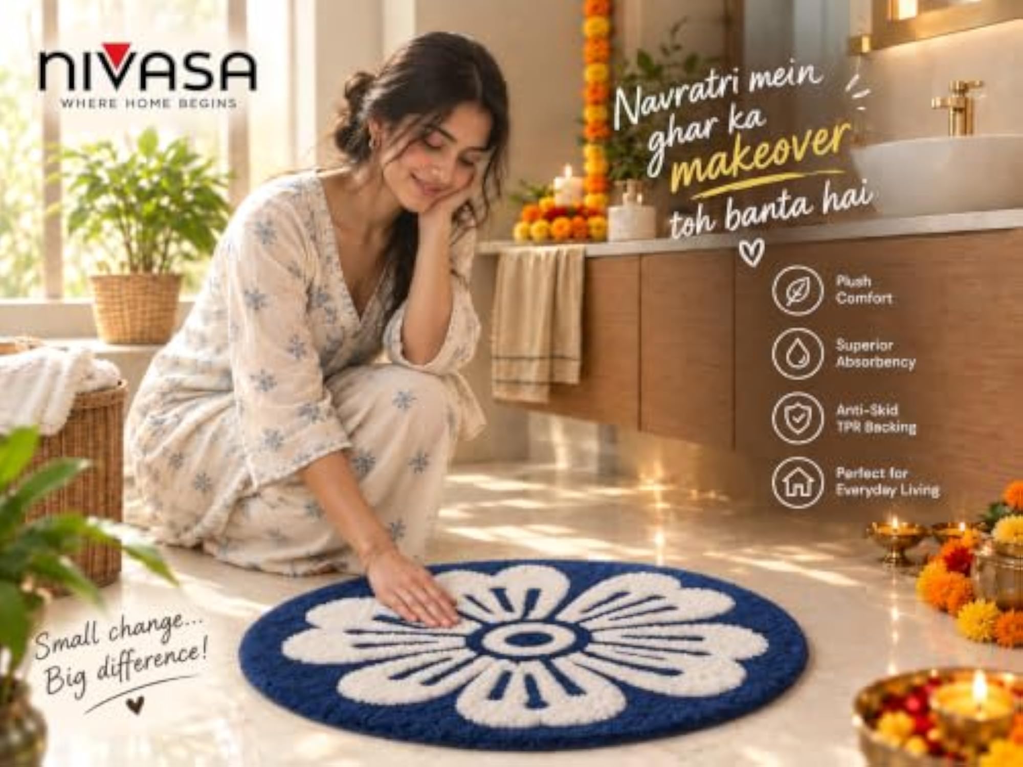 Plush Microfiber Absorbent Bathroom Mats, Machine Washable