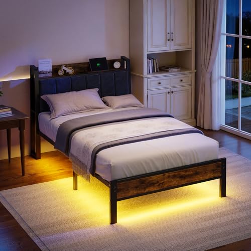Image of Liians Twin Size Bed Frame with USB Charging Station, Smart LED Lights | Wood Storage Headboard, Metal Platform Bed, Easy Assembly, Noise Free, No Box Spring Needed