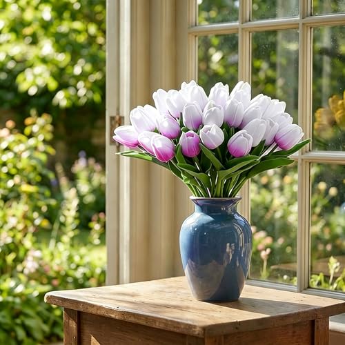 Image of 20Pcs Stems 13.5 Inch White Purple PU Artificial Moisturizing Tulips, Faux White Purple Tulips Flowers for Thanksgiving Christmas Decorations Wedding Home Table Vase Floral Arrangements
