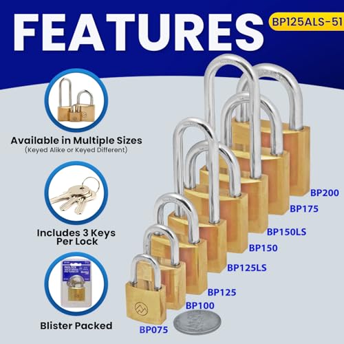 Fjm BP125ALS-51 Solid Brass Padlocks With Same Key, Home Improvement Door Lock, Weatherproof Tsa Locks For Luggage, With 3 Master Locks, Wide Keyed Alike thumb #5
