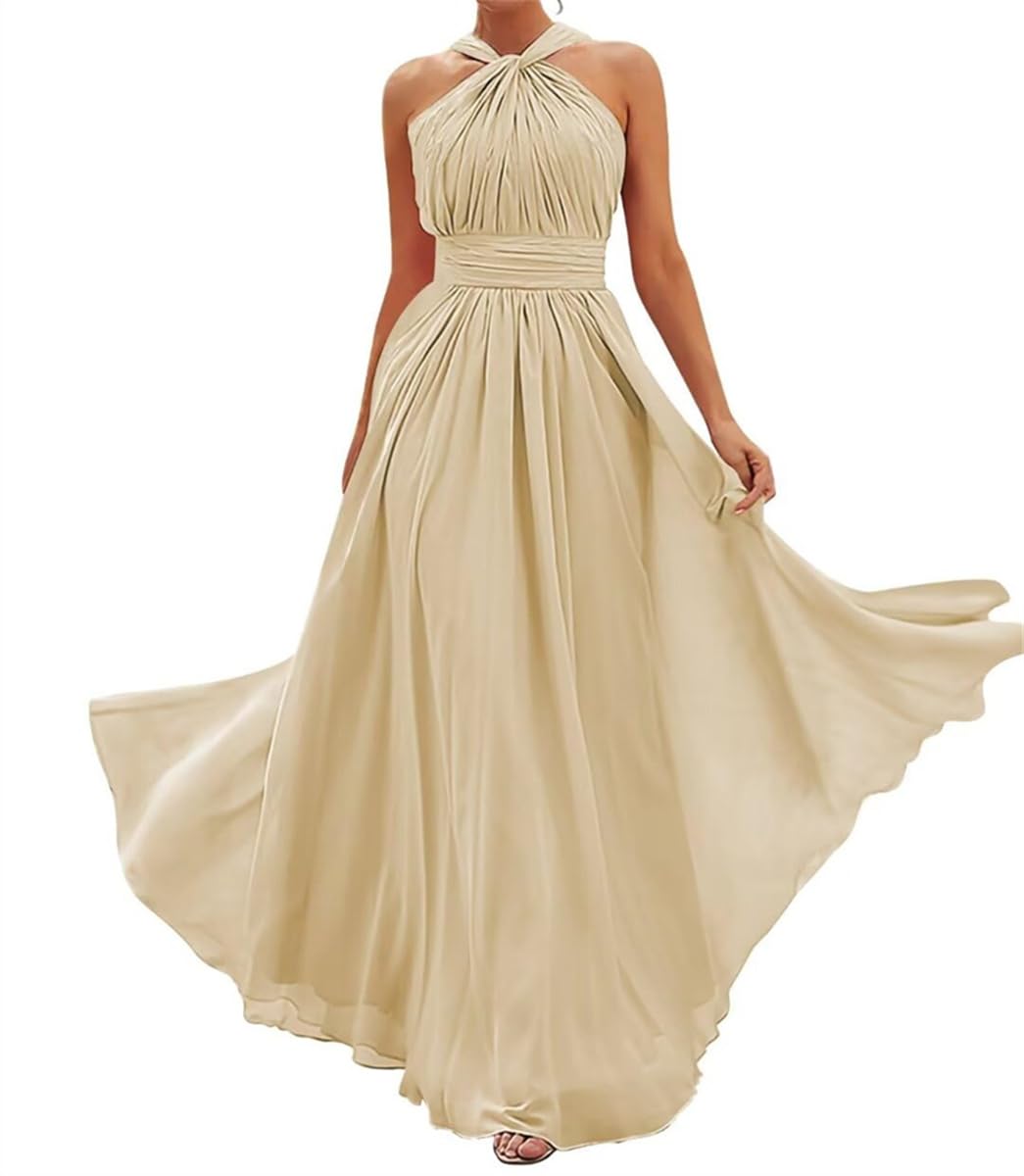 Wseyu Women's Champagne Bridesmaid Dresses With Halter Ruched Chiffon A-Line Wedding Guest Evening Dress Uk16