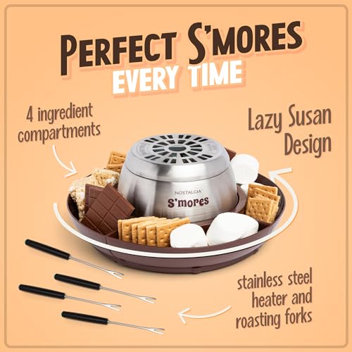 Nostalgia Indoor Electric Stainless Steel S'Mores Maker with 4 Lazy Susan Compartment Trays for Graham Crackers, Chocolate, Marshmallows and 4 Roasting Forks, Brown