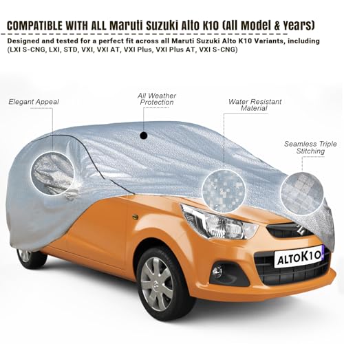 Image of Pivalo Car Cover for Maruti Alto K10 All Model & Years (2010-2025) 100% Waterproof with Mirror Pockets, Triple Stitched Bottom Elastic Dustproof Full Body Protection (Heat & UV Resistant, Silver)