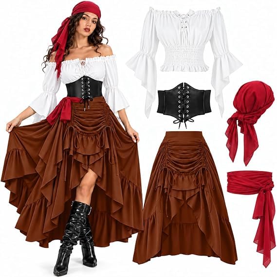 5pcs Pirate Costume Women, Halloween Costumes for Women including Pirate Top, Skirt, Corset, Belt and Scarf, Medieval Renaissance Costume for Halloween Carnival Cosplay and Fancy Dress