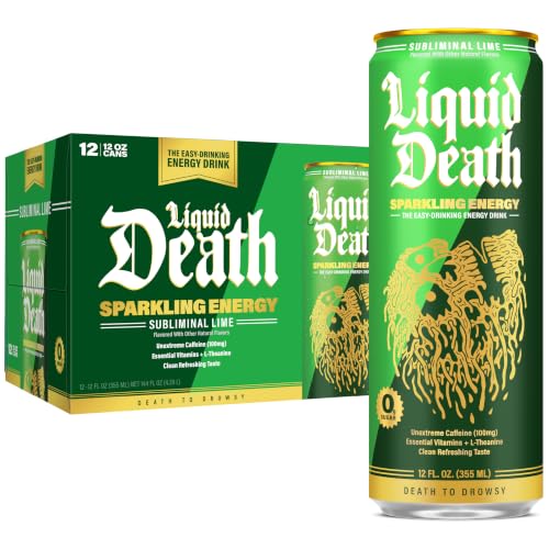 Image of Liquid Death Sparkling Energy - Subliminal Lime (Lemon Lime), Zero Sugar Energy Drink, Unextreme Caffeine 100mg, Essential Vitamins, 12 Fl Oz (Pack of 12)