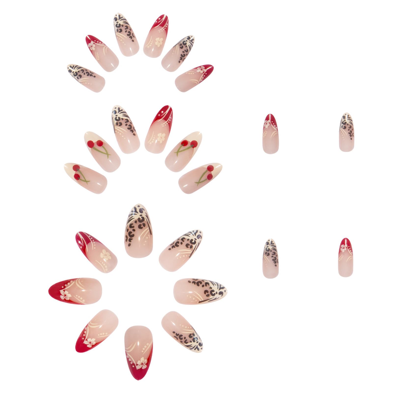 Shimmerz 24 Piece Red Almond Press On Nails, White Flowers, Leopard and Cherries Pattern, Medium Size, Glossy, Full Coverage - Image 3