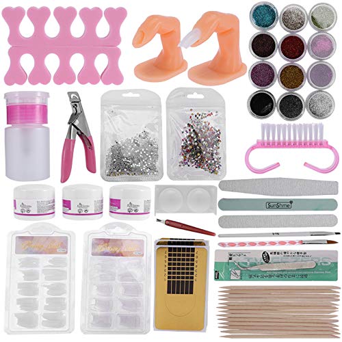 Acrylic Nail Art Kit with 12 Colors Shinny Glitter Powder Professional Nail Art Decoration Tools Manicure Set add 100 Pcs False Nail Tips, US Store (Original color)