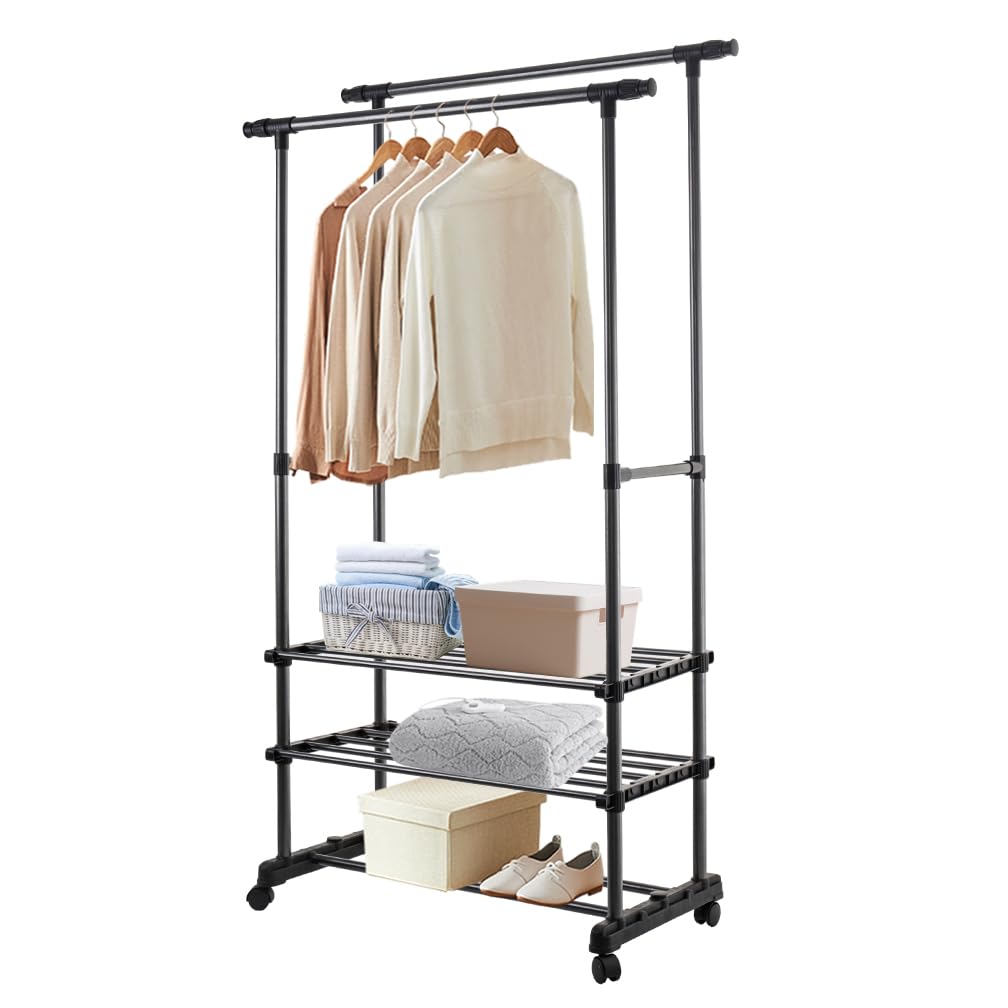 Hershii Adjustable Double Rod Clothes Rack, 2 Shelves, Wheels, 85-140cm