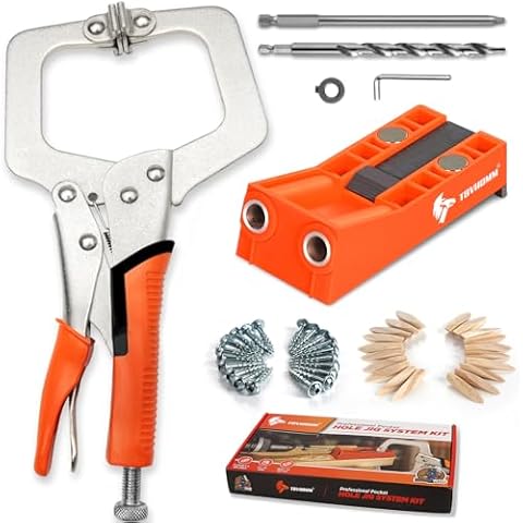 Pocket Hole Jig System Kit, Pocket Screw Jig with 11 Inch Clamp, Square Driver Bit, Hex Wrench, Depth Stop Collar, Step Drill Bit, Coarse Square Driver Screws, All In One for Joinery Work Cover